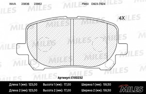 Колодки тормозные передние (без датчика) (Смесь Semi-Metallic) (TOYOTA AVENSIS V E100232 MILES