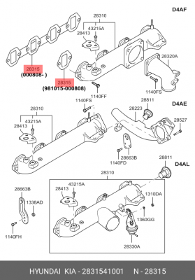 Прокладка коллектора HYUNDAI HD65,72,78,County дв.D4DB впускного (на 1 цилиндр)  2831541001 HYUNDAI KIA