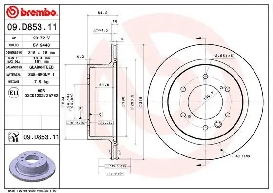 Диск тормозной 09.D853.11 09D85311 BREMBO
