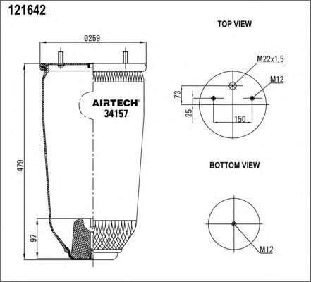 Пневмоподушка без стак. 2шп.M12смещ.25. 1отв.штуц.M22. 1отв.M12 ROR 34157P AIRTECH