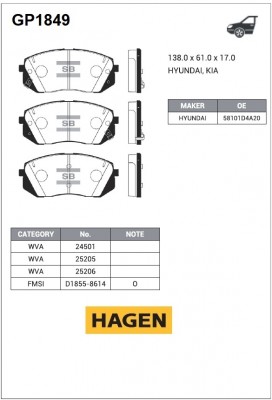 колодки дисковые передние!\ Hyundai Tucson/ix35 2.0/2.4/2.0CRDi 10> GP1849 HAGEN