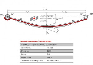 Лист рессоры HYUNDAI County передней №2 (5 листов) с укороченным ушком L=1277мм  701104HD2902102 OMK AUTO