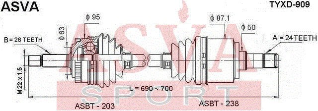 Привод левый 24x690x26 TYXD-909 ASVA