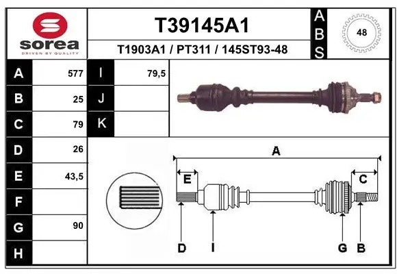 привод левый! 577mm\ Peugeot 206 1.6 00> T39145A1 EAI