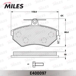 Колодки тормозные передние (без датчика + болты) (Смесь Low-Metallic) AUDI A4 1. E400097 MILES