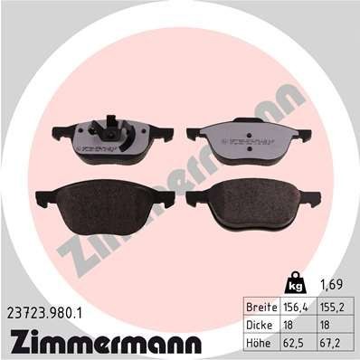 колодки дисковые !перед. 156x62x18 \ Ford Focus C-Max 1.6i-2.0TDCi, Mazda 3 1.4i 23723.980.1 ZIMMERMANN