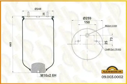 Пневморессора Premium без стакана 2шп.-M12 + 1 отвер.M22 под возд. — 3 года безу 090030002 SONDER