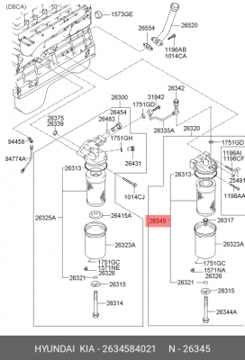 Фильтр масляный HYUNDAI HD260,270,370,500,AeroQueen дв.D6CA,CB,38,41 т/о OE 2634584021 HYUNDAI KIA