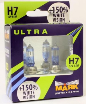 Лампа галогенная H7 12V 55W "Маяк" White Vision УЛЬТРА NEW (+150%) (2 шт.) 82720 WV+150 MAYAK
