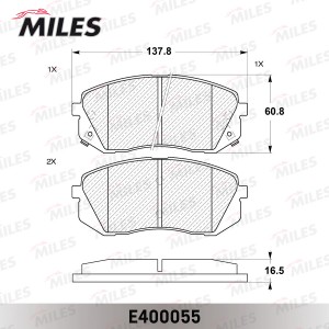 Колодки тормозные передние (без датчика) (Смесь Low-Metallic) HYUNDAI ix35 10-/K E400055 MILES