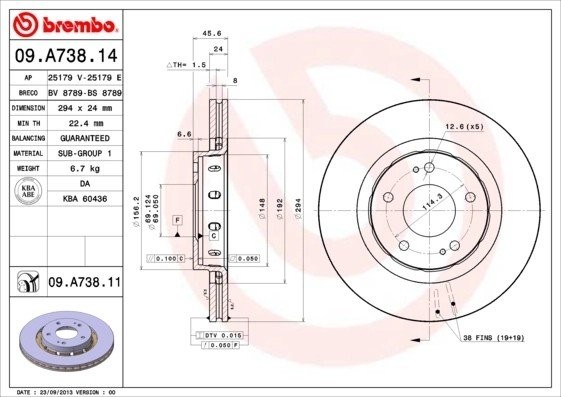 Диск тормозной MITSUBISHI Outlander (03-12) передний (1шт.) BREMBO 09.A738.11 BREMBO