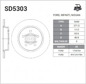 Диск тормозной FORD Focus (11-) задний (1шт.) SANGSIN SD5303 SANGSIN