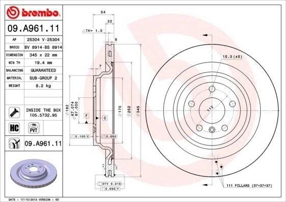 Диск тормозной MERCEDES GL (X166) задний (1шт.) BREMBO 09.A961.11 BREMBO