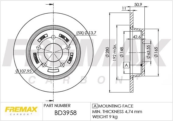 диск тормозной задний!\ Ford C-Max II 10>/ Kuga II/III 13>/ Tourneo Connect II 1 BD3958 FREMAX