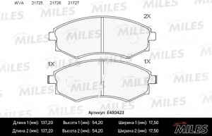 Колодки тормозные передние (без датчика) (Смесь Low-Metallic) HYUNDAI ELANTRA/MA E400423 MILES
