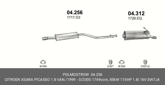 Глушитель средн часть CITROEN: XSARA PICASSO 00- POLMOSTROW 04.256 POLMOSTROW