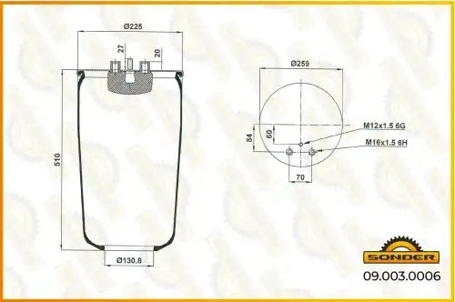 Пневморессора Premium без стакана 1шп.М12+2штуц.М16х1.5 1отв.М18х2  MAN TGA — 3  090030006 SONDER