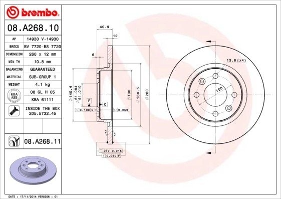 Диск тормозной RENAULT Logan,Sandero передний (259х12мм) (1шт.) BREMBO 08.A268.10 BREMBO