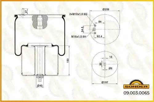 Пневморессора Premium со стаканом (металл) 2шп.-M10 + 1 отвер.M16 под возд. (ста 090030065 SONDER