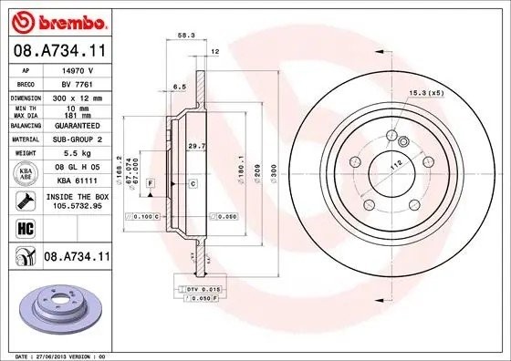 Диск тормозной MERCEDES S (W221) (05-13) задний (1шт.) BREMBO 08.A734.11 BREMBO