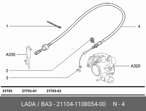 Трос акселератора ВАЗ-21104 в сборе АвтоВАЗ 21104-1108054-00 LADA VAZ