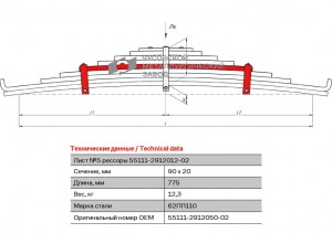 Лист рессоры КАМАЗ-43118,65115 задней №5 с хомутами L=775мм ЧМЗ 55111291205002 OMK AUTO