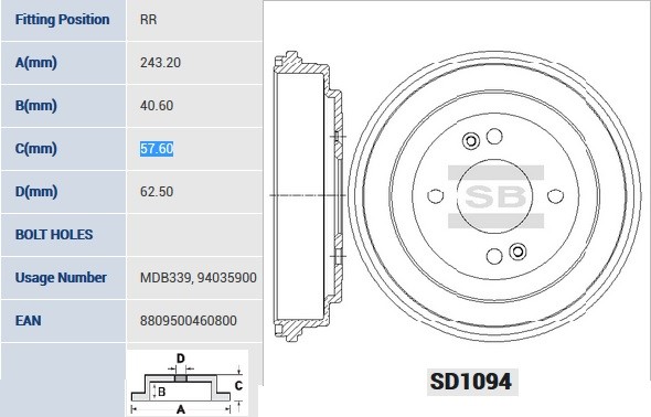 Барабан тормозной KIA Rio (05-) задний (1шт.) SANGSIN SD1094 SANGSIN