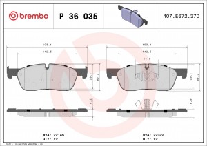 Колодки тормозные RANGE ROVER Velar JAGUAR XE,XF передние (4шт.) BREMBO P36035 BREMBO