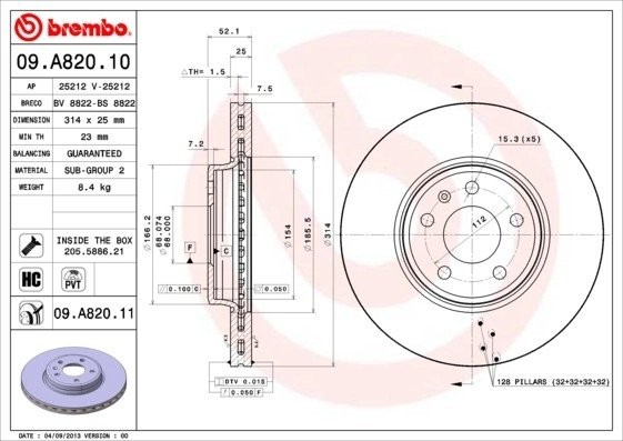 Диск тормозной передний AUDI A4 (B8/B9) 09.A820.11 09.A820.11 BREMBO