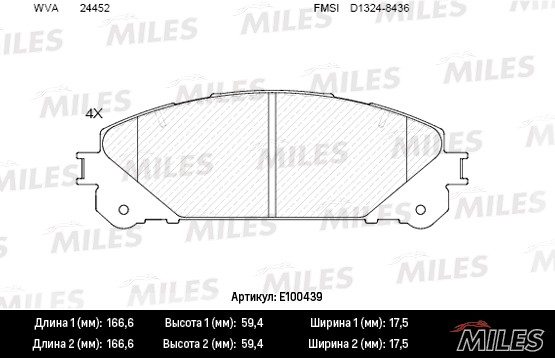 Колодки тормозные передние (Смесь Semi-Metallic) LEXUS RX 09-/TOYOTA HIGHLANDER  E100439 MILES