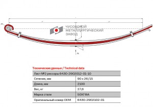 Лист рессоры МАЗ-6430 передней №2 L=2100мм ЧМЗ 6430290210201 OMK AUTO