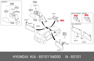 Зеркало салонное HYUNDAI ix20 (10-),ix35 (09-),Solaris (10-) OE 851011M000 HYUNDAI KIA