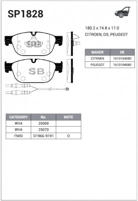 Колодки тормозные CITROEN C5 (10-) передние (4шт.) SANGSIN SP1828 SANGSIN