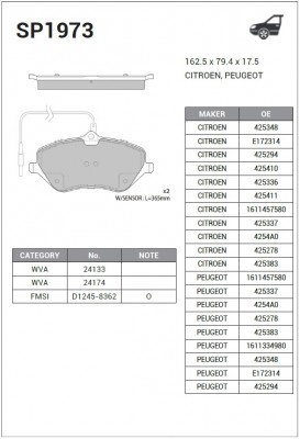 Колодки тормозные PEUGEOT 407,607 CITROEN C5,C6 передние (4шт.) SANGSIN SP1973 SANGSIN