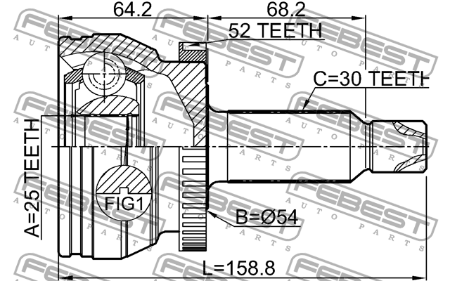 ШРУС внешний 25X54X30 HYUNDAI SANTA FE (DM) 2012- 2210-XM12A52 2210-XM12A52 FEBEST
