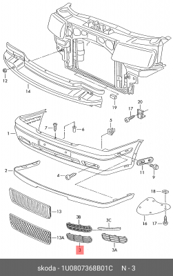 1U0807368B01C решетка бампера!\ Skoda Octavia 00-11 1U0 807 368 B 01C VAG