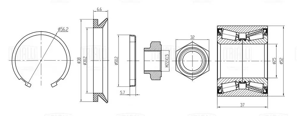 Подшипник ступицы Peugeot 206 (98-) задн. (кмпл:подш./гайк/стоп.к./сальн./прокл. CS3556 TRIALLI