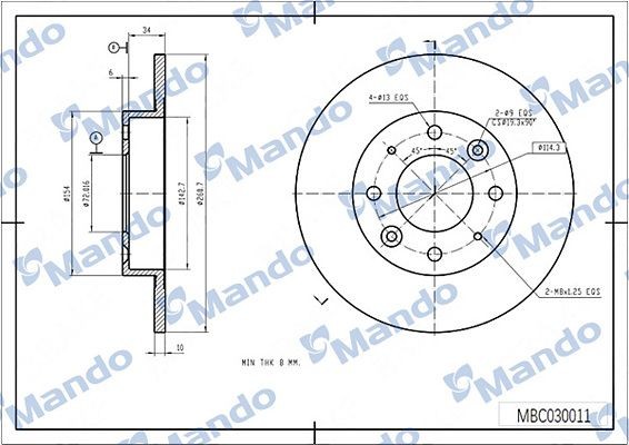 Диск тормозной KIA Carens (02-) задний (1шт.) MANDO MBC030011 MANDO
