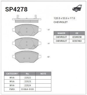 Колодки тормозные CHAVROLET SPARK 16- передние SP4278 SP4278 SANGSIN