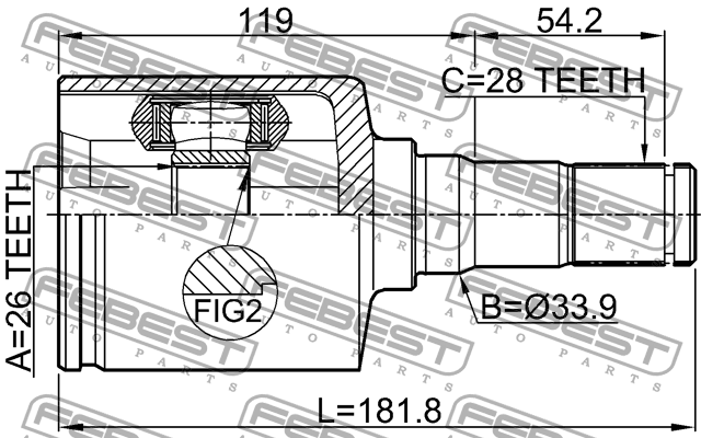 ШРУС ВНУТРЕННИЙ ЛЕВЫЙ 26X33.9X28 подходит для FORD MONDEO CA2 2007-2014 [EU] 211 2111-CA2LH FEBEST
