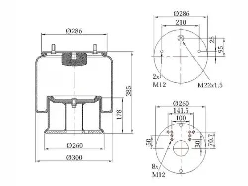 Пневморессора Premium со стаканом (металл) 1 шпилька + 2 отверстия MB/Shmitz — 3 090030120 SONDER
