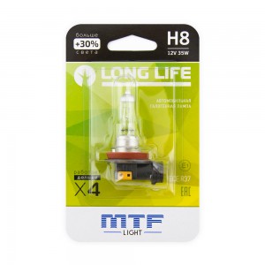 Лампа 12V H8 35W PGJ19-1 +30% блистер (1шт.) Long Life MTF HLL1208B MTF