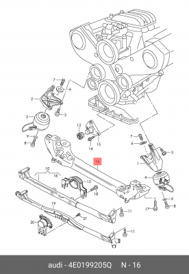 Кронштейн AUDI A8 (04-10) опоры двигателя OE 4E0 199 205 Q VAG