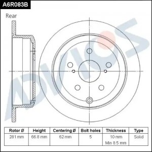 Диск тормозной TOYOTA Camry (V40,V50) задний (1шт.) ADVICS A6R083B ADVICS