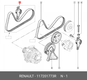 Комплект приводного ремня RENAULT: CLIO 1.4/1.6 98-, LAGUNA 1.4/1.6 97-, MEG 117 117201773R RENAULT