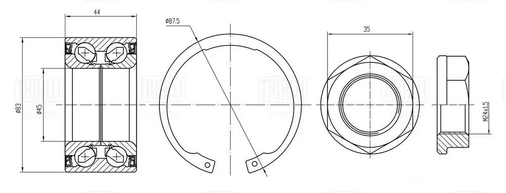 Подшипник ступицы для а/м Citroen C4 10- перед. кмпл:подш./гайка/стоп.кол. CS 20 CS2082 TRIALLI