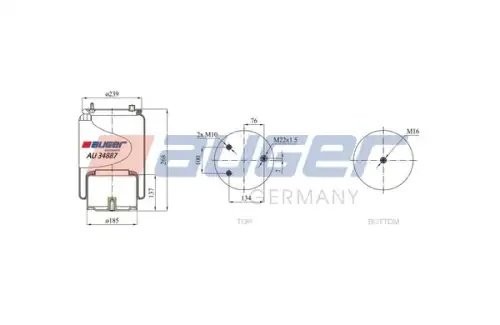 пневмоподушка со стак.!верх1шп.M22x1.5 2шп.M10x1.5 низ отв.M16 поршень сталь\DAF AU34887K09 AUGER