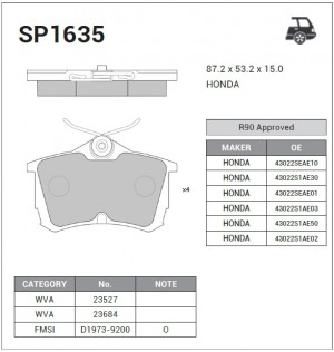 Колодки тормозные дисковые Honda Accord 1.6i-2.3i/2.0TDi 98 SP1635 SP1635 SANGSIN
