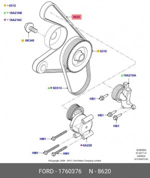 Ремень приводной поликлиновой 6PK1213 FORD Focus 2 (1.8) генератора OE 1760376 FORD