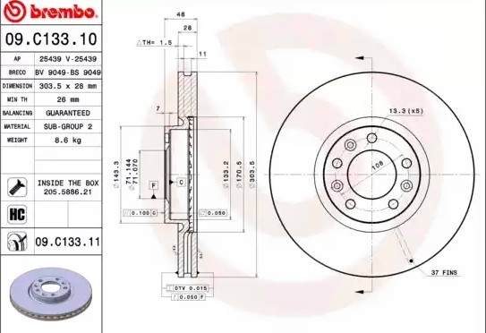 Диск тормозной 09.C133.11 09.C133.11 BREMBO